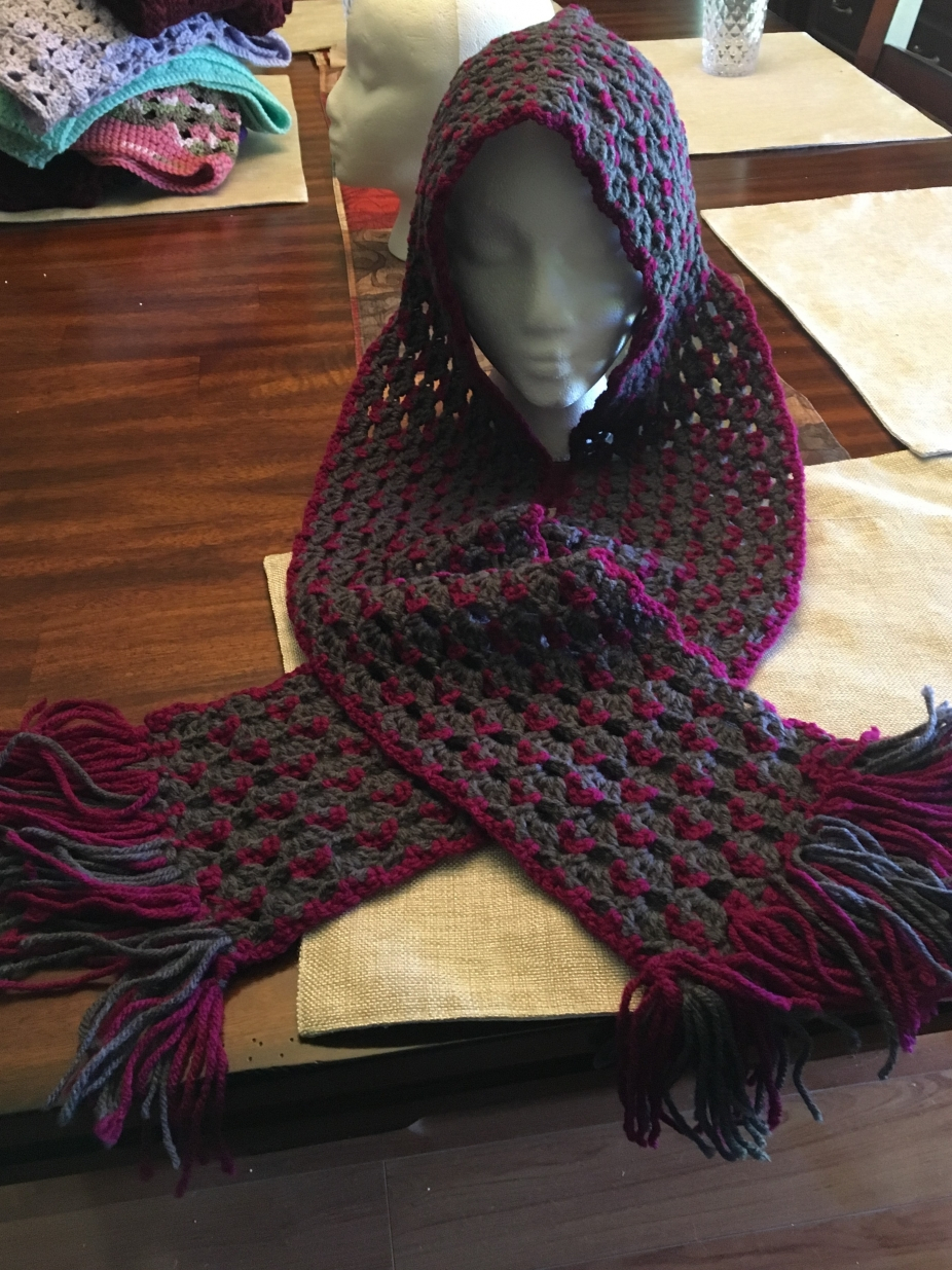 Crochet Hooded Scarf Pattern Dark Grey Crocheted Hooded Scarf With